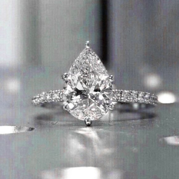 🌸Anillos Pear Water Drop Crystal Clear CZ Silver Fashion Ring for Women, L105 - Picture 3 of 5